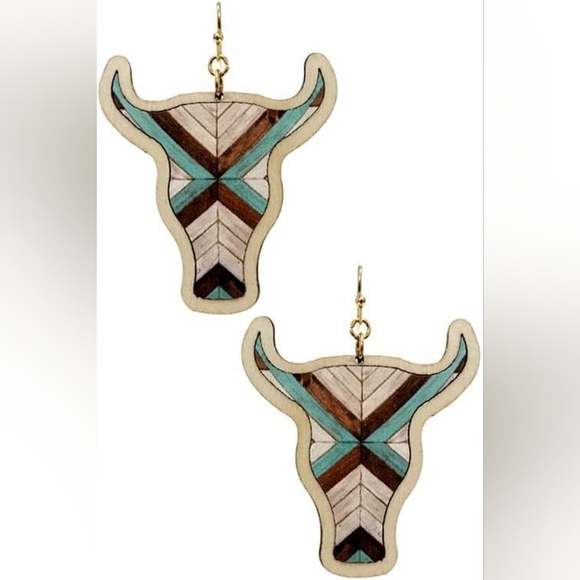 Western Aztec Longhorn Wood Dangling Earrings NWT Natural White Turquoise Boho - Picture 1 of 1